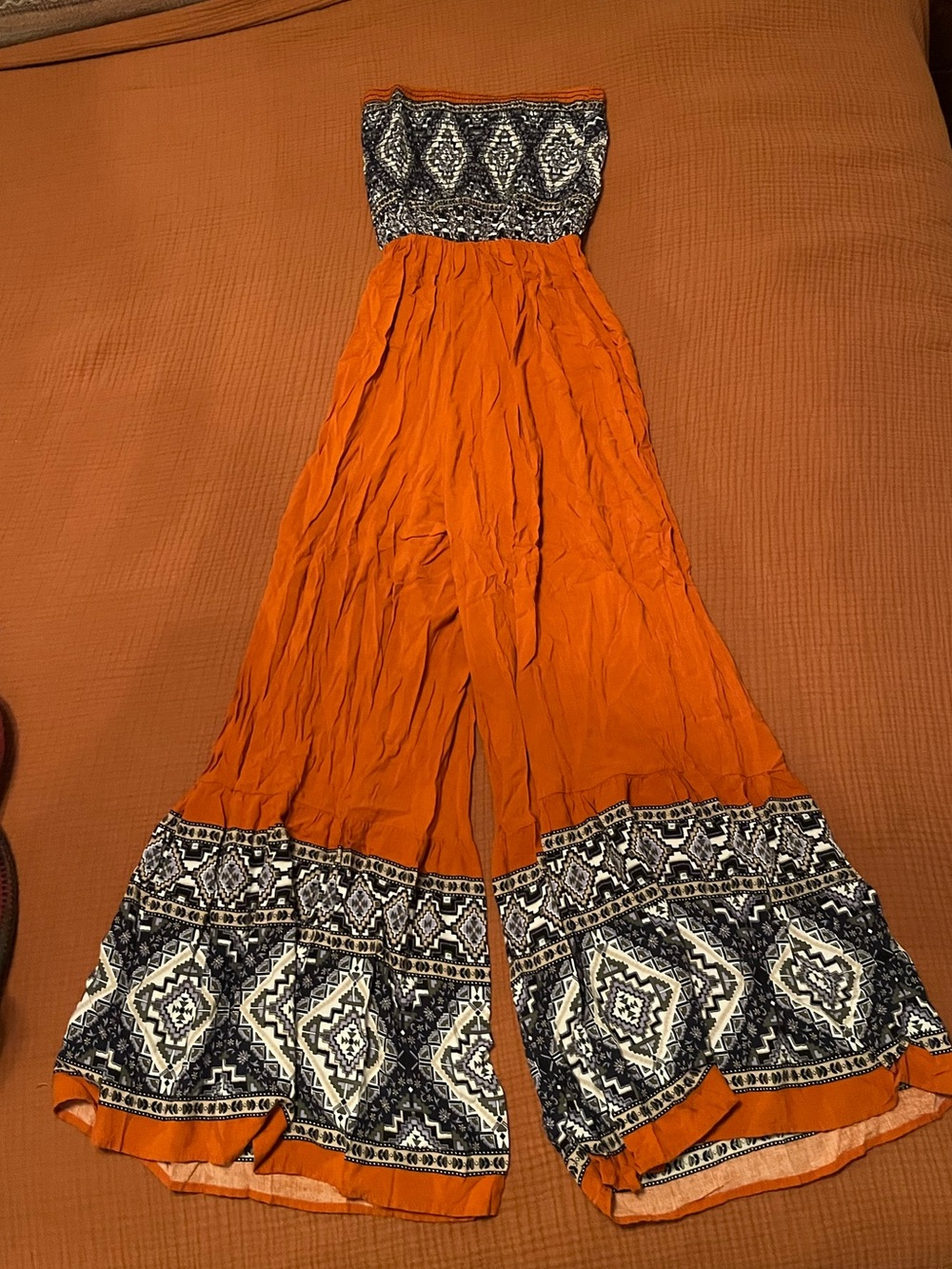 Bohemian Strapless Orange Printed Palazzo Jumpsuit